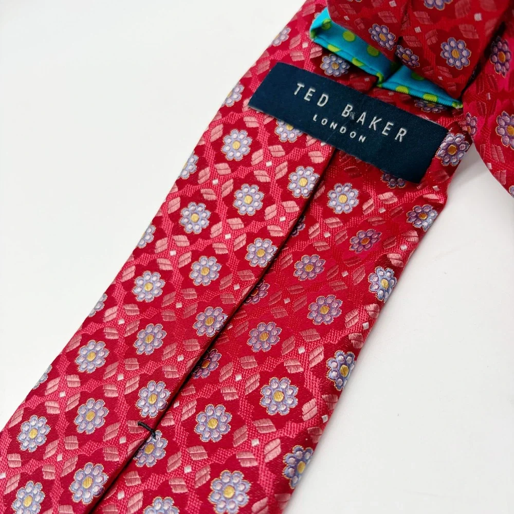 Ted Baker Tie Men OS Red Floral Geometric Silk Formal Business Necktie